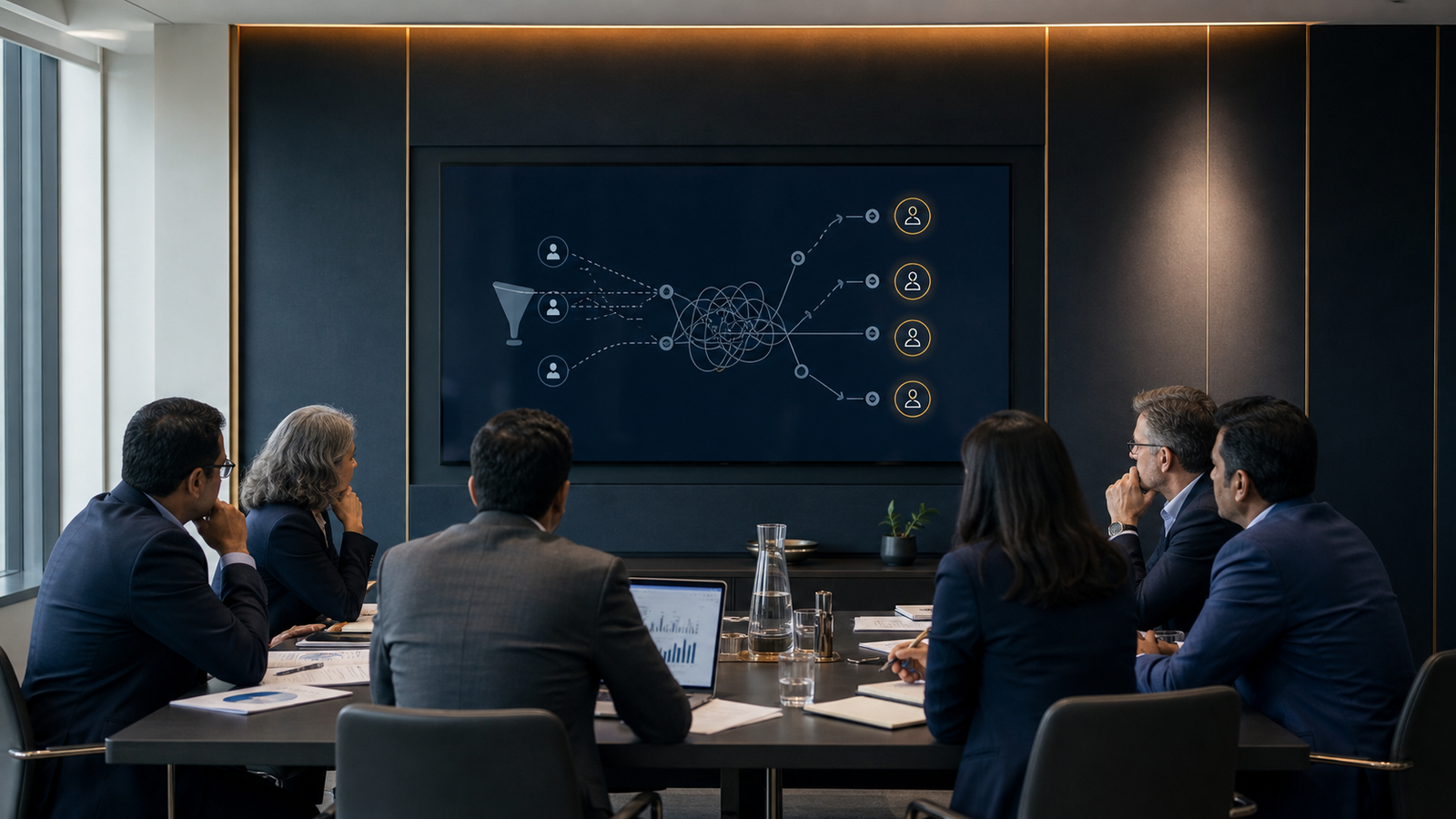 Senior leadership team reviewing a digital customer journey diagram that shows low adoption and disconnected customer pathways.
