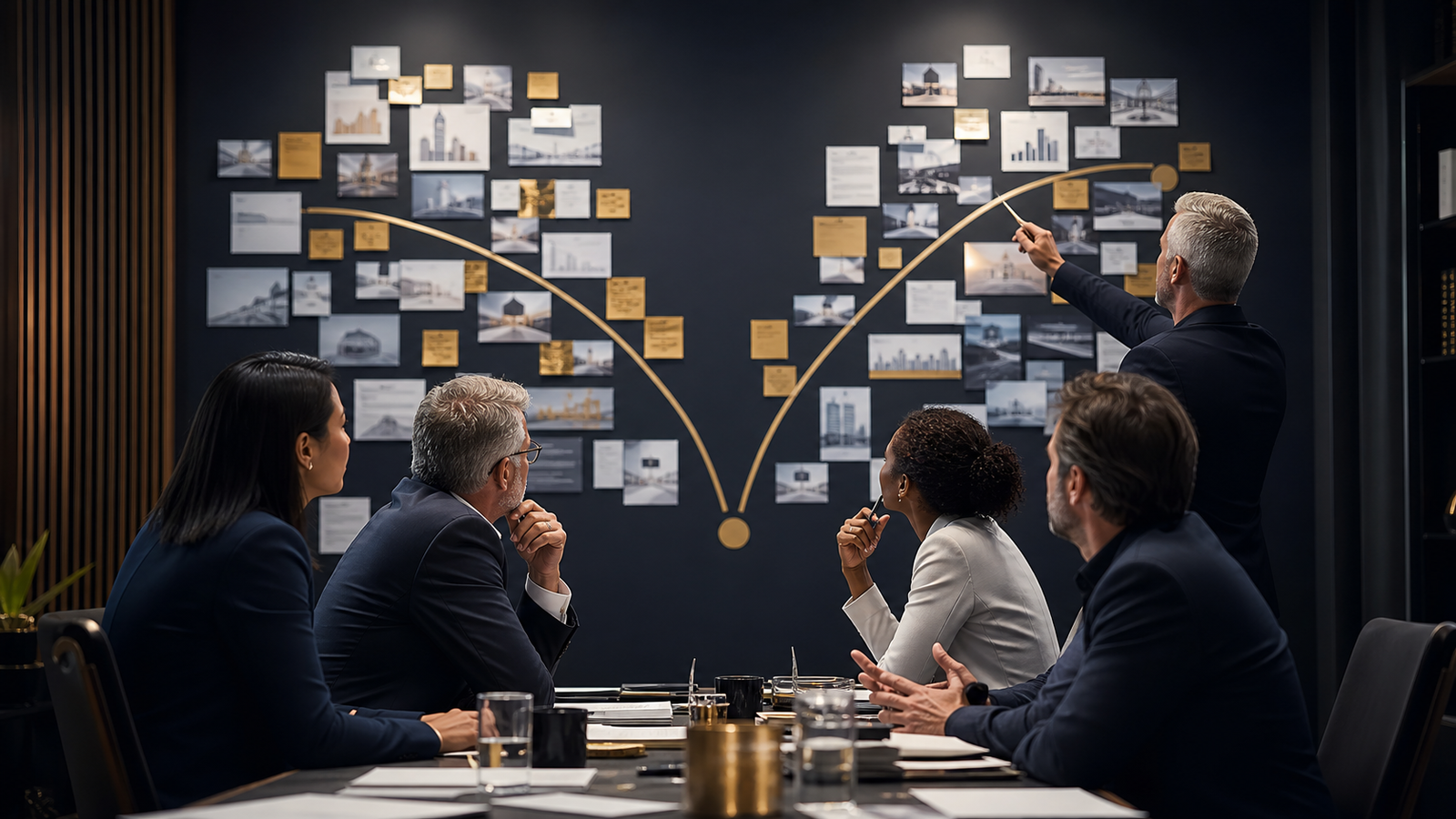 Executive team examining two clearly separated strategic paths: internal process improvement and development of a new business model.