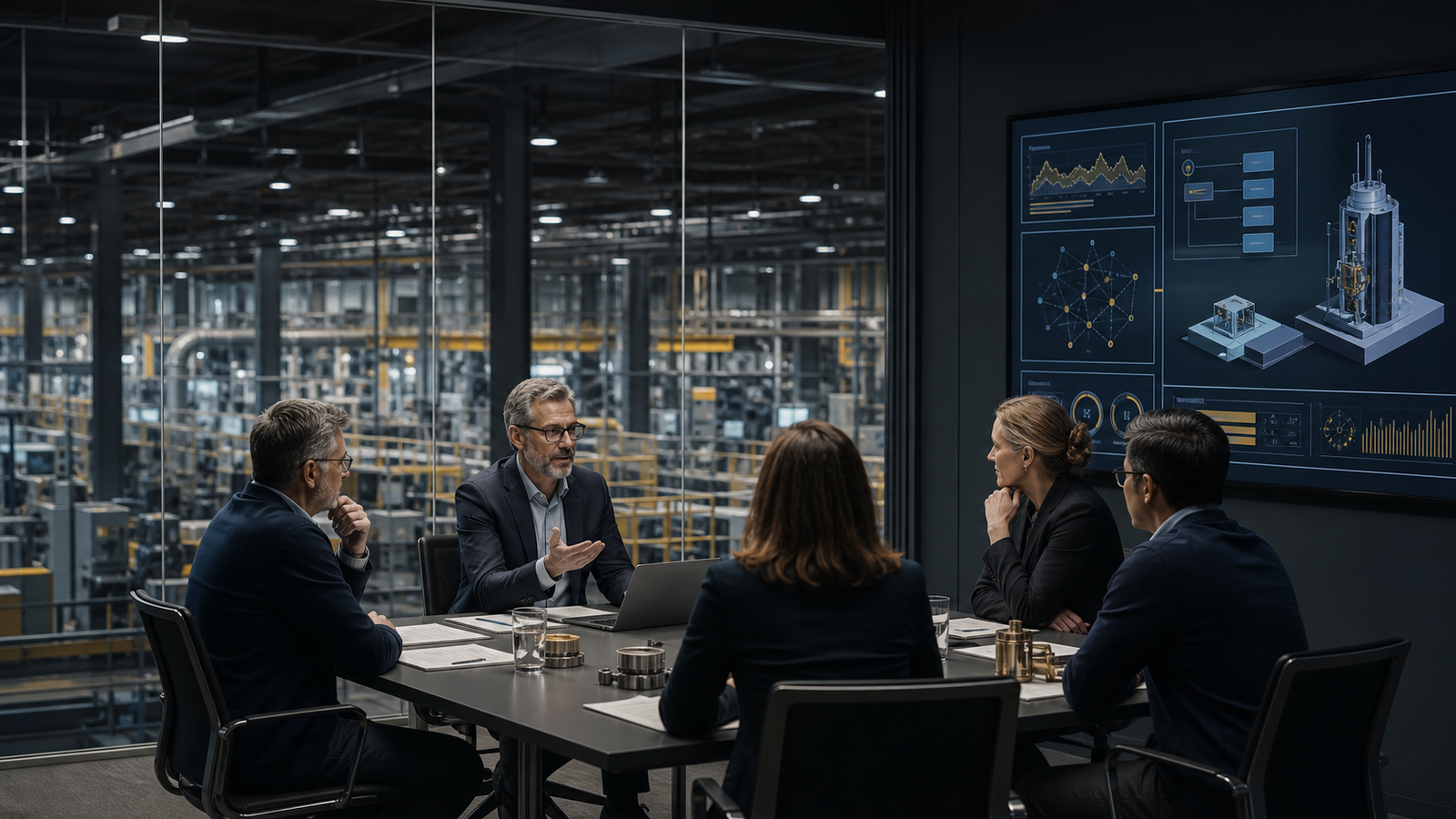 Industrial executives and software leaders reviewing an internally developed industrial IoT platform in a meeting room overlooking a manufacturing plant.