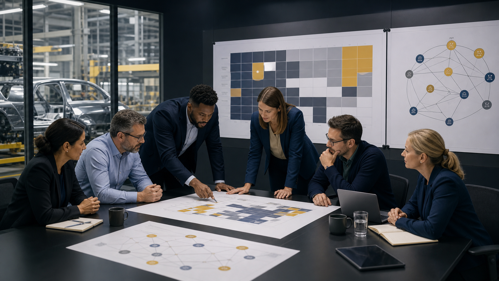 Manufacturing leadership team using a maturity matrix and barrier-dependency map before approving an Industry 4.0 roadmap.