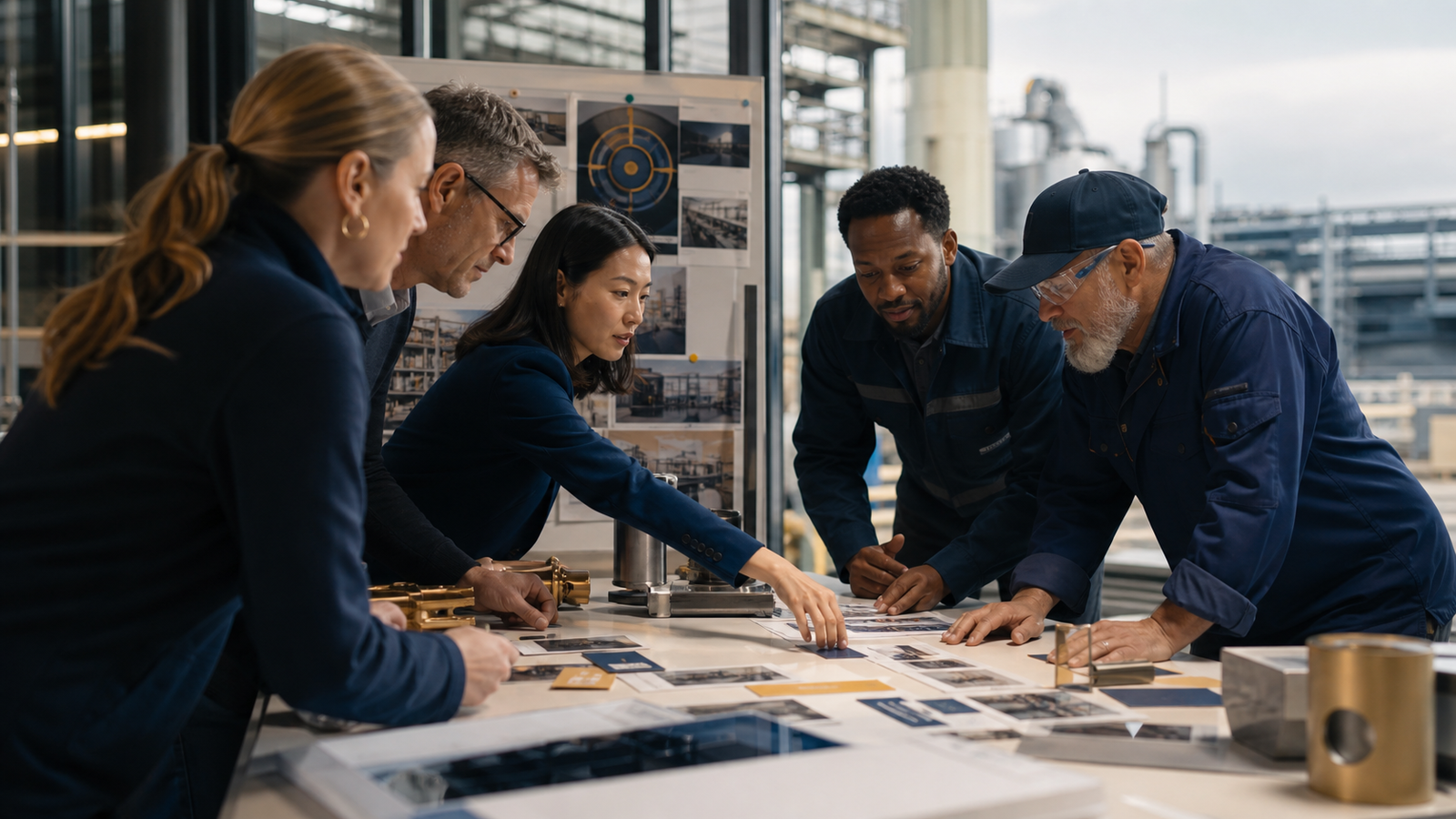 Cross-functional industrial team and customer representatives testing service concepts and reviewing evidence together in a working session.