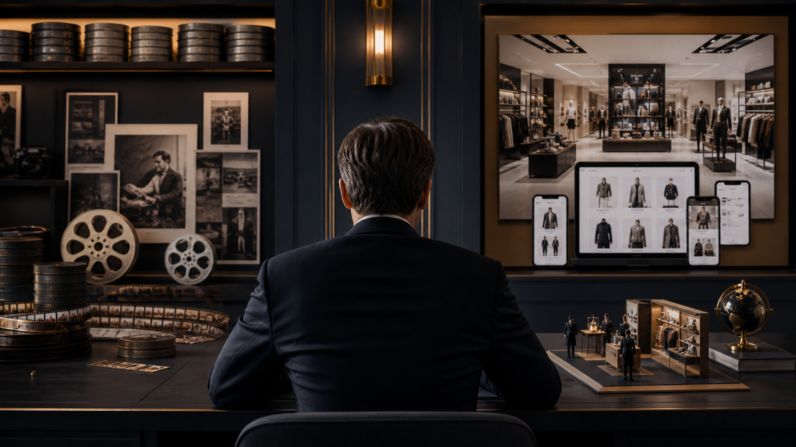 Executive reviewing a contrast between legacy photographic film assets and an integrated digital retail customer experience, without company branding.